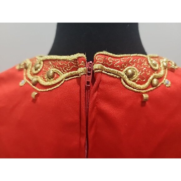 Vintage Embroidered Beaded Red & Gold Dress Gown by Jeannene Booher 80's Elegant - Picture 9 of 13